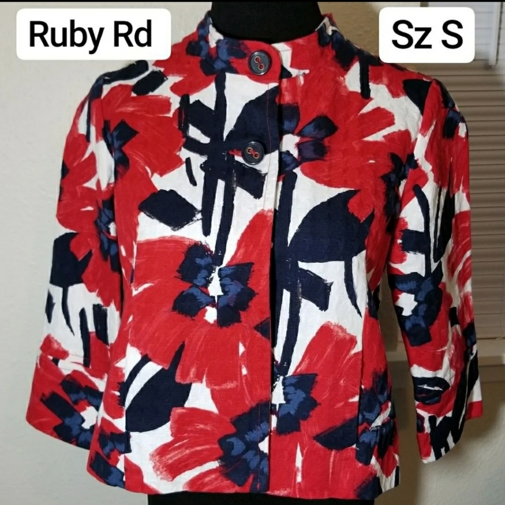 Ruby Rd Cropped Preacher Collar Blazer Abstract Print